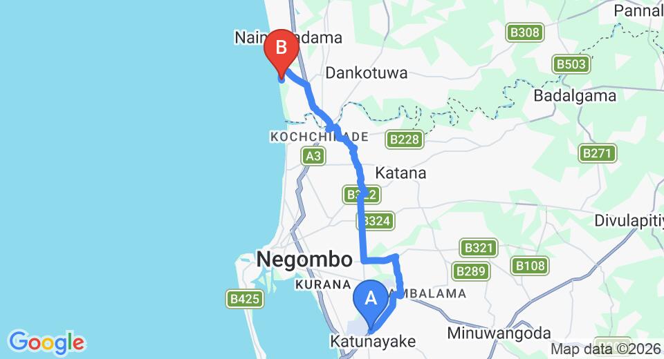 Driving route map: Colombo Airport (CMB) to Club Hotel Dolphin, Negombo (21 km, approx 43 min private transfer)