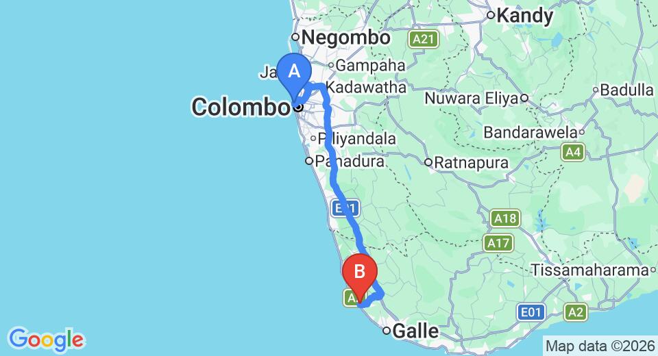 Driving route map: Colombo Seaport to Hikkaduwa (137 km, approx 2 h 1 min private transfer)