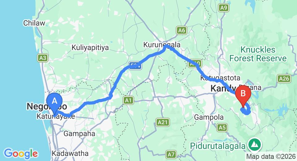 Driving route map: Colombo Airport (CMB) to Bowlana Bungalow, Kandy (151 km, approx 4 h 13 min private transfer)