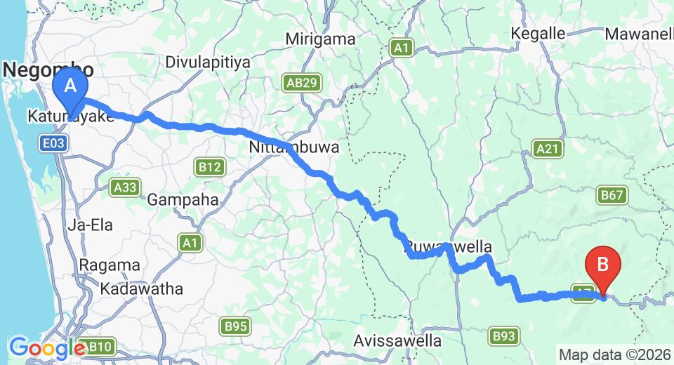 Driving route map: Colombo Airport (CMB) to Kitulgala Rest House, Kitulgala (81 km, approx 2 h 25 min private transfer)