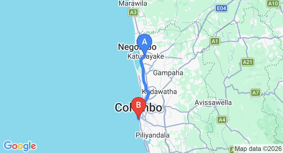Driving route map: Colombo Airport (CMB) to Global Towers Hotel, Colombo (39 km, approx 56 min private transfer)