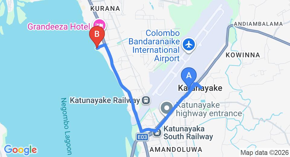 Driving route map: Colombo Airport (CMB) to Lagoon View Kurana, Negombo (6 km, approx 15 min private transfer)