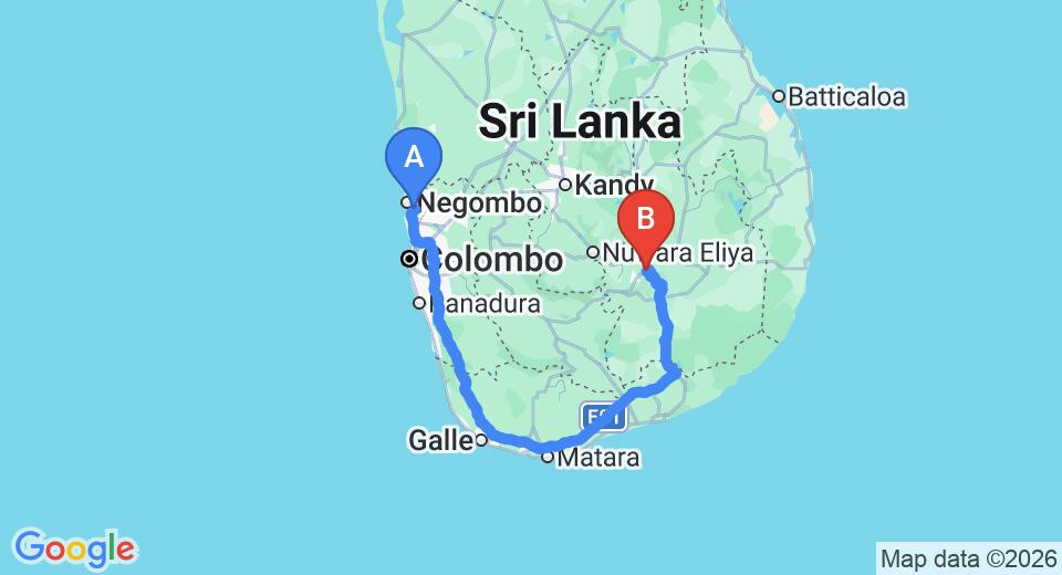 Driving route map: Colombo Airport (CMB) to Ella wind gap inn, Ella (338 km, approx 5 h 5 min private transfer)