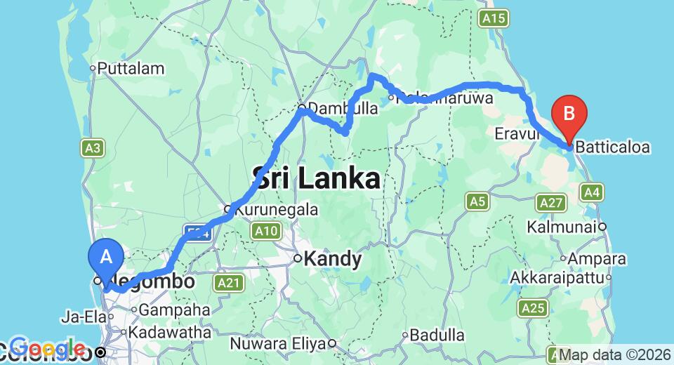 Driving route map: Colombo Airport (CMB) to Sea Breeze Restaurant and Guest House, Batticaloa (292 km, approx 6 h 3 min private transfer)