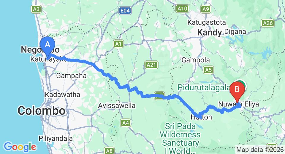 Driving route map: Colombo Airport (CMB) to Oakray Summerhill Breeze, Nuwara Eliya (153 km, approx 4 h 45 min private transfer)
