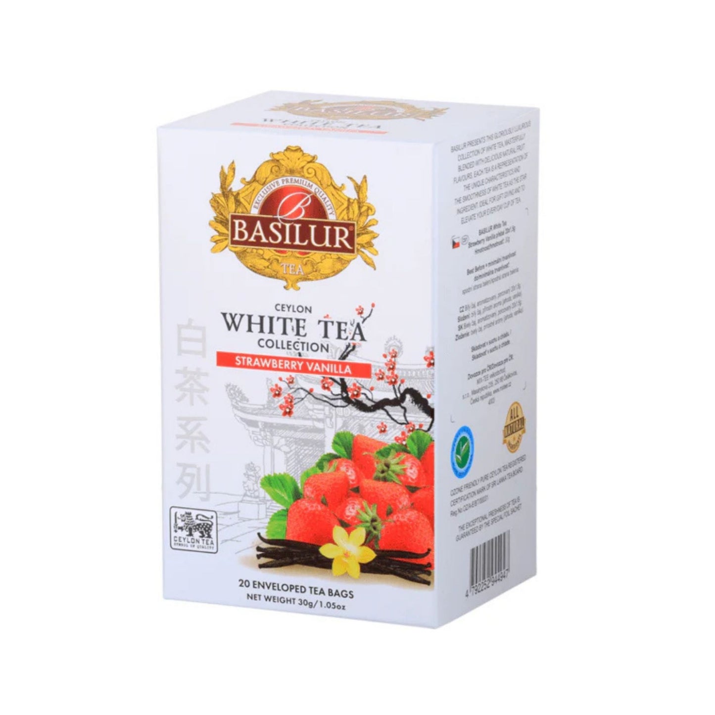 BASILUR – AROMATISIERTER WEISSER TEE – BOX – TEEBEUTEL MIT PAPIERUMSCHLAG – ERDBEER-VANILLE (30 g)