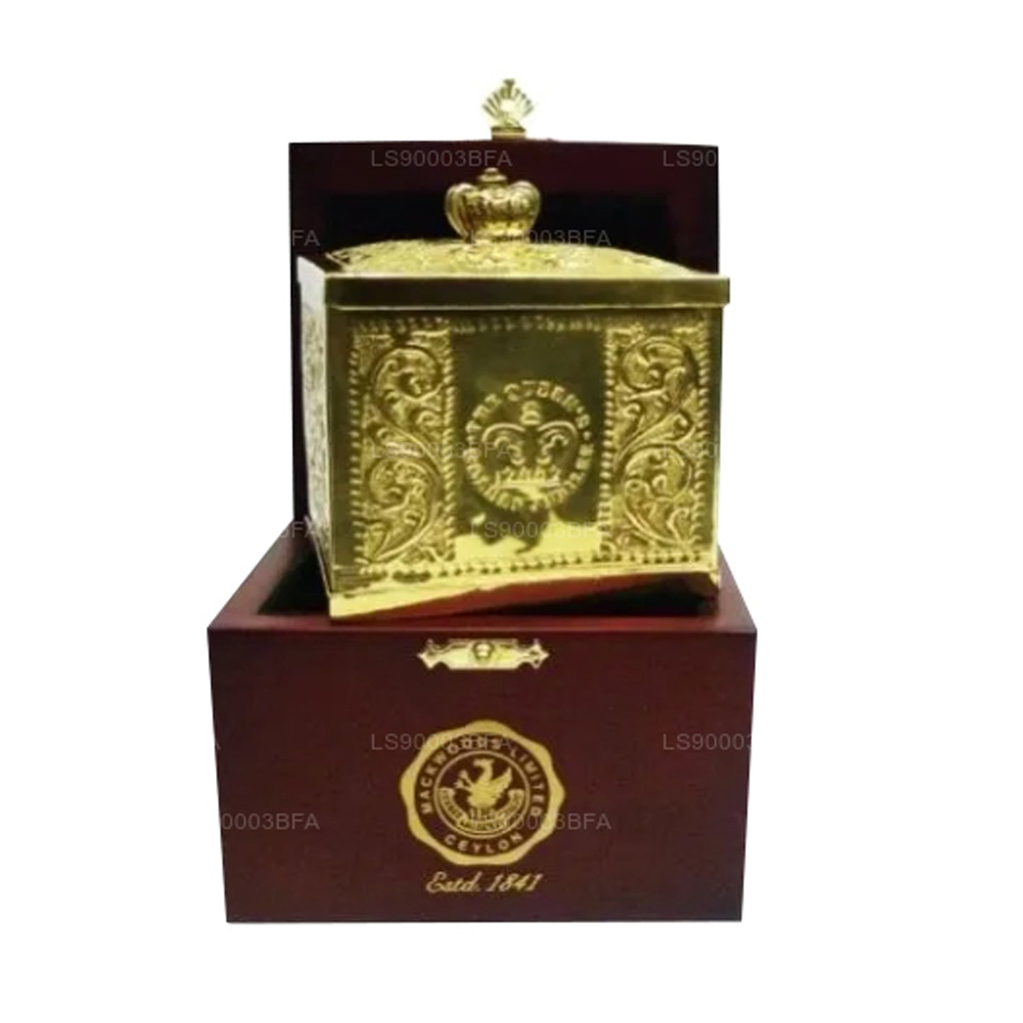 Mackwoods ikonische „Queen's Golden Jubilee Blend“ aus Golden Tips und Orange Pekoe, in einem handgefertigten Caddy in einer Geschenkbox aus Holz (40 g)