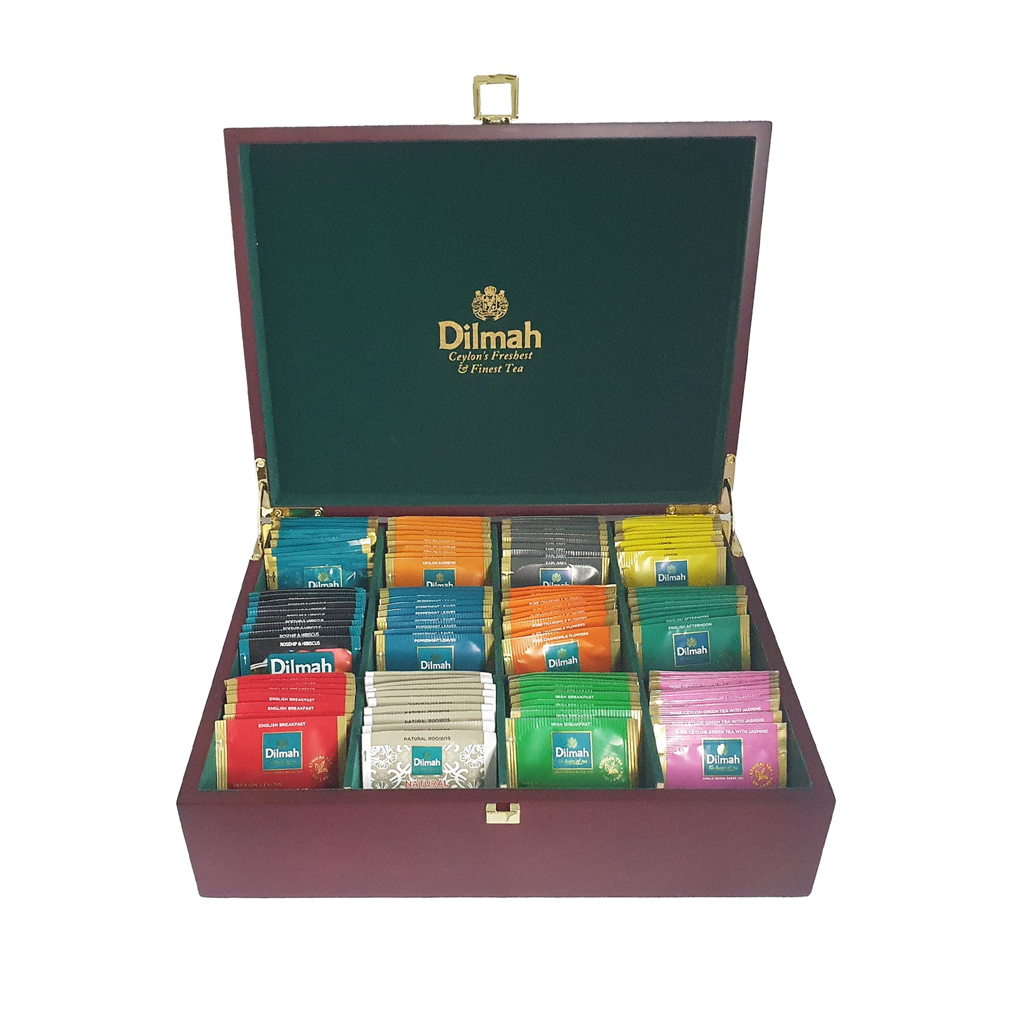 Dilmah Luxuriöse Tee-Präsentationstruhe aus Holz mit 120 umhüllten Teebeuteln – Gourmet 12 Slot