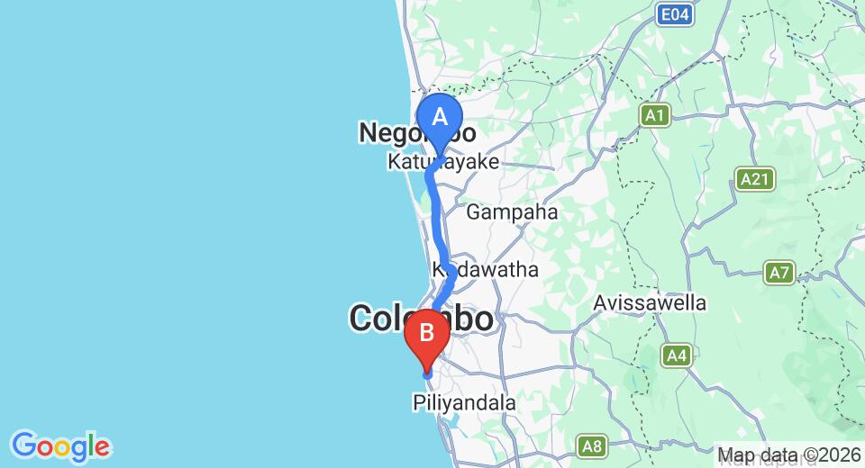 Driving route map: Colombo Airport (CMB) to Tori One, Mount Lavinia (42 km, approx 1 h 7 min private transfer)
