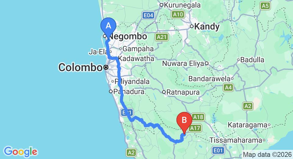 Driving route map: Colombo Airport (CMB) to Natural Mystic Sanctuary, Deniyaya (183 km, approx 3 h 43 min private transfer)