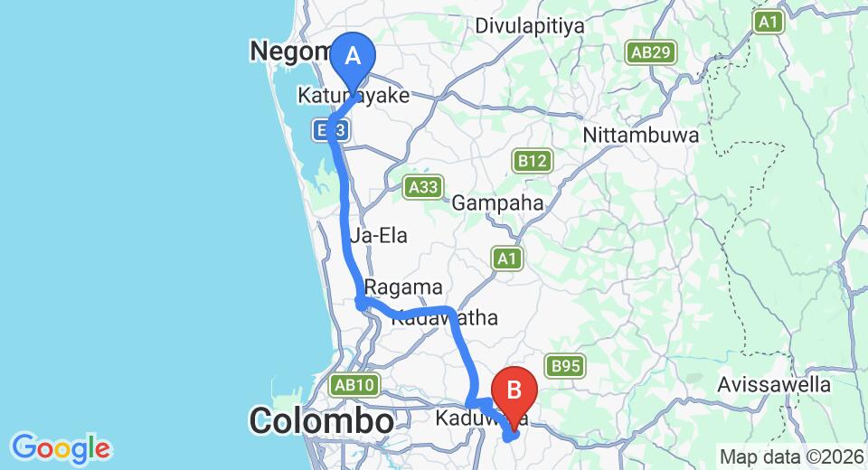 Driving route map: Colombo Airport (CMB) to Sanctuary Lodge, Kaduwela (44 km, approx 51 min private transfer)