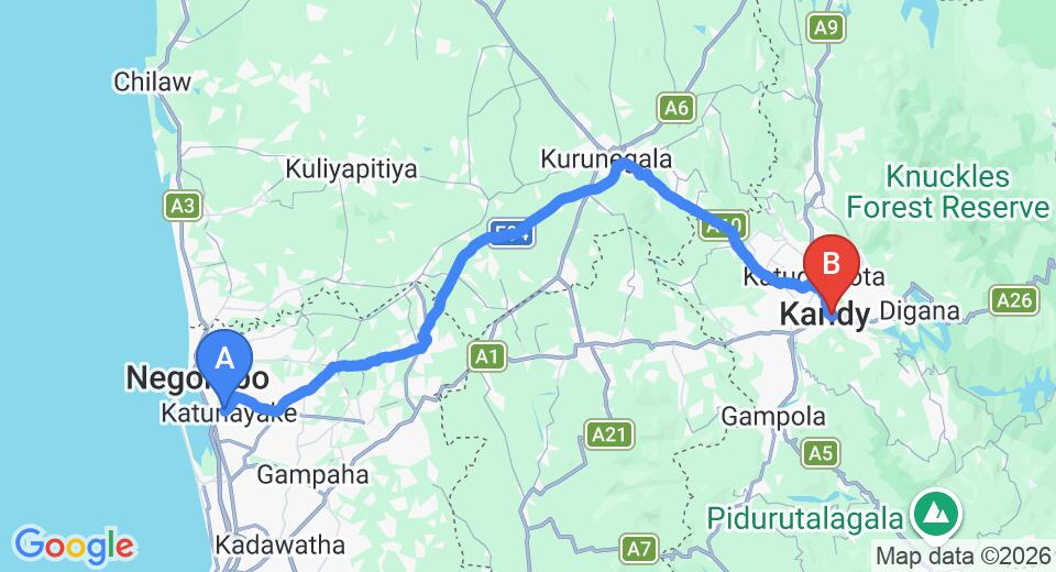 Driving route map: Colombo Airport (CMB) to Sharon Inn, Kandy (115 km, approx 2 h 54 min private transfer)