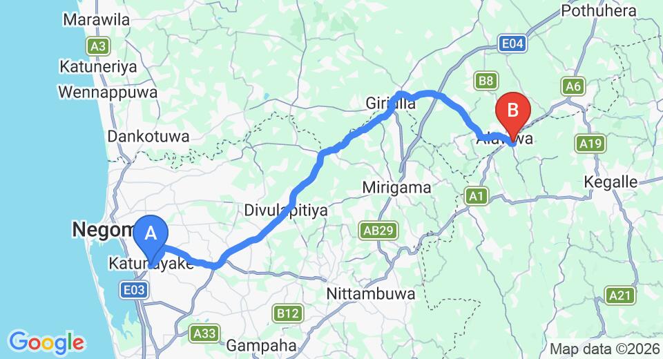 Driving route map: Colombo Airport (CMB) to Grindlays Regency, Alawwa (54 km, approx 1 h 30 min private transfer)