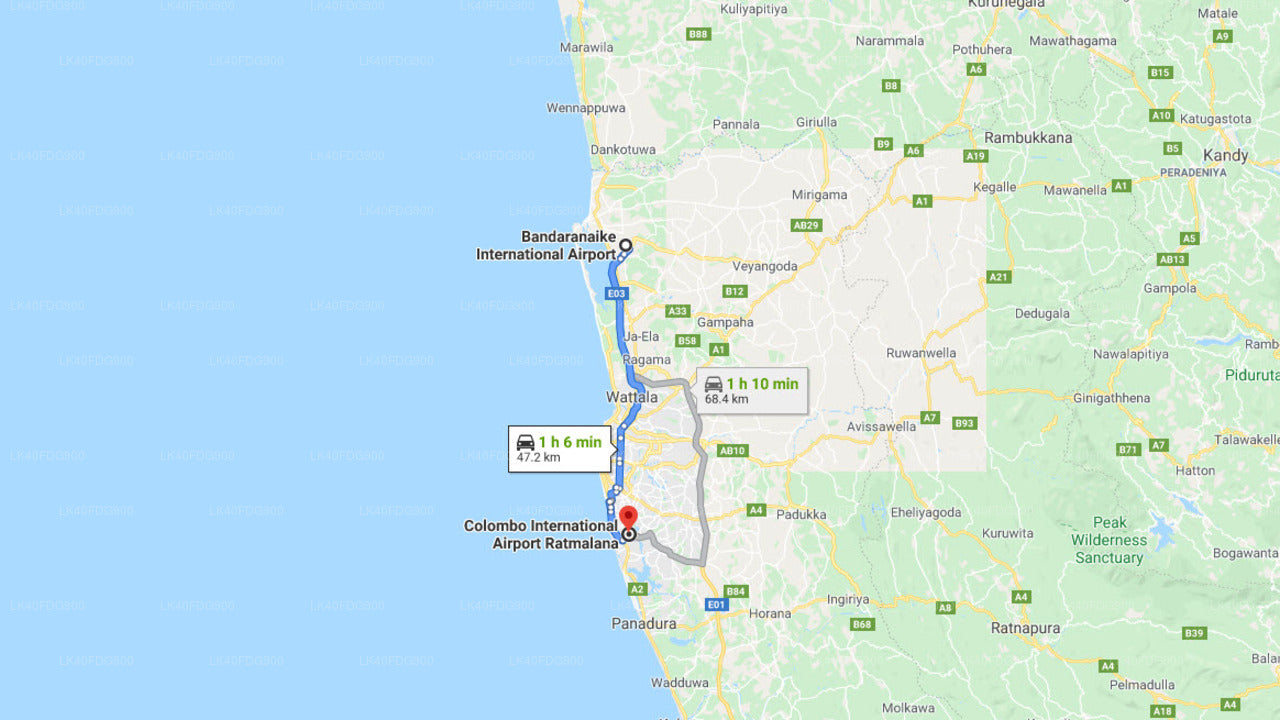 Privater Stadttransfer vom Flughafen Batticaloa (BTC) zum Flughafen Ratmalana (RML).