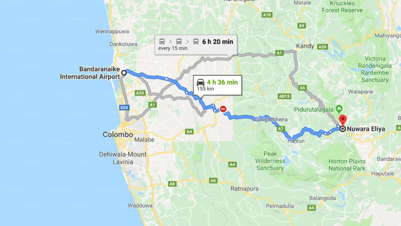 Transfer zwischen dem Flughafen Colombo (CMB) und dem Tong Fu Hotel, Nuwara Eliya