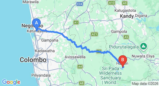 Driving route map: Colombo Airport (CMB) to Rock View Rest, Hatton (121 km, approx 3 h 47 min private transfer)