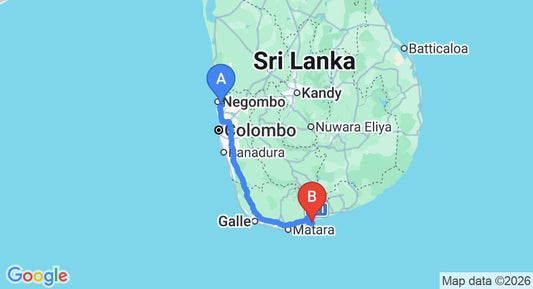 Driving route map: Colombo Airport (CMB) to Anantara Peace Haven, Tangalle (213 km, approx 2 h 55 min private transfer)