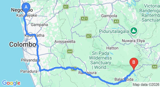 Driving route map: Colombo Airport (CMB) to Water Garden, Belihuloya (179 km, approx 4 h 7 min private transfer)