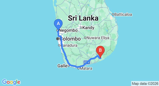 Driving route map: Colombo Airport (CMB) to The Rain Tree, Tissamaharama (278 km, approx 3 h 41 min private transfer)