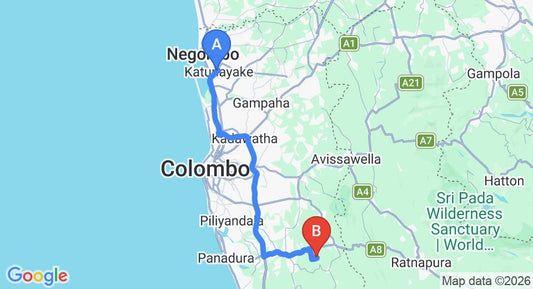 Driving route map: Colombo Airport (CMB) to The Nature Lover's Inn, Horana (82 km, approx 1 h 37 min private transfer)