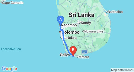Driving route map: Colombo Airport (CMB) to Thalduwa Island Villas, Ahangama (167 km, approx 2 h 25 min private transfer)