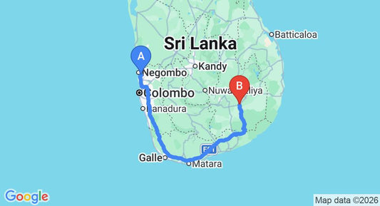 Driving route map: Colombo Airport (CMB) to Buttala (328 km, approx 4 h 32 min private transfer)
