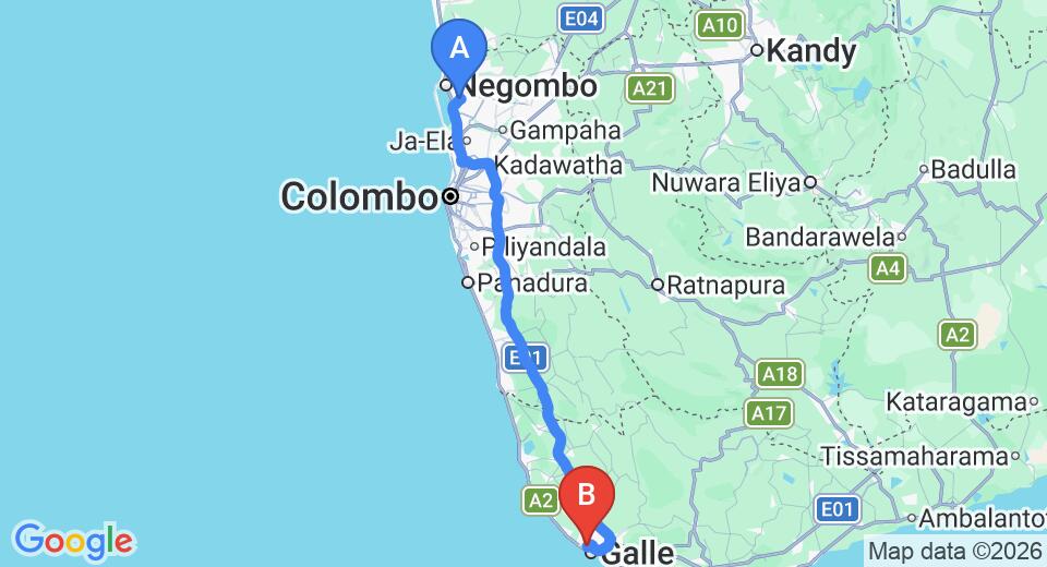 Driving route map: Colombo Airport (CMB) to Hotel Hasara, Galle (155 km, approx 2 h 16 min private transfer)