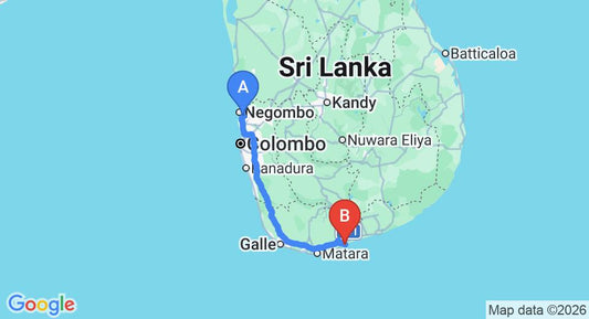 Driving route map: Colombo Airport (CMB) to Relaxed getaway in spacious luxury (Tangalle), Tangalle (211 km, approx 2 h 50 min private transfer)