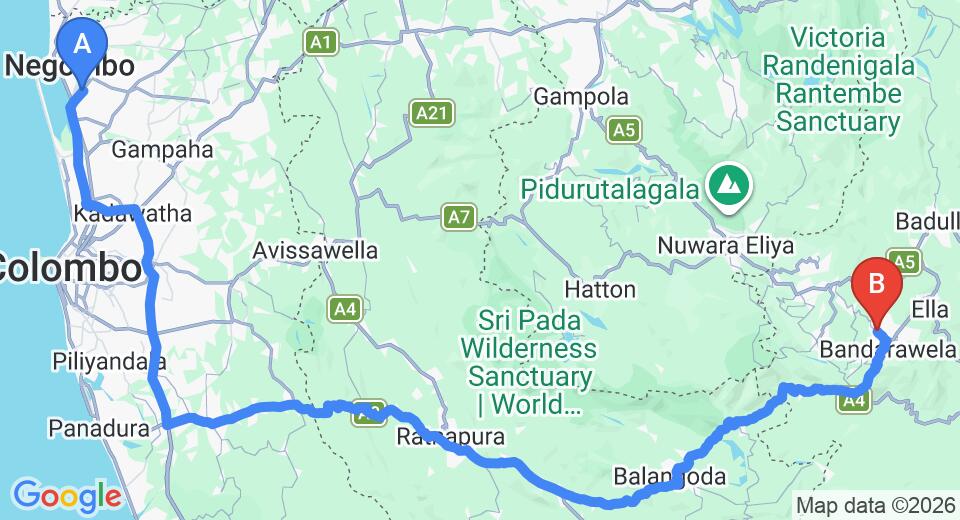 Driving route map: Colombo Airport (CMB) to Green Cottage, Bandarawela (221 km, approx 5 h 24 min private transfer)
