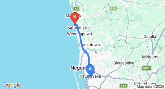 Driving route map: Colombo Airport (CMB) to Bridden's Place, Katuneriya (30 km, approx 56 min private transfer)
