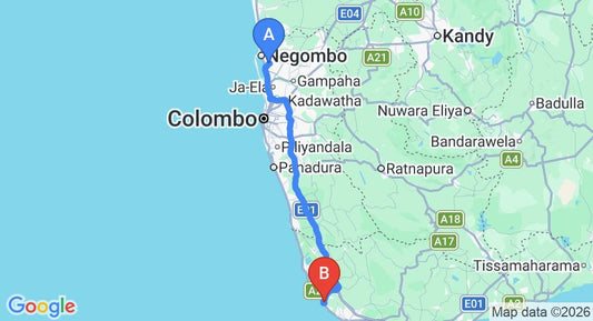 Driving route map: Colombo Airport (CMB) to MO River House, Hikkaduwa (144 km, approx 2 h 9 min private transfer)