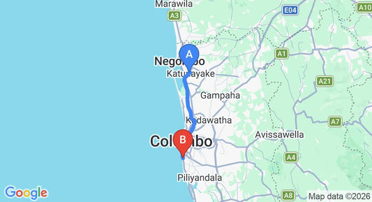 Driving route map: Colombo Airport (CMB) to Hotel Sapphire, Colombo (39 km, approx 58 min private transfer)