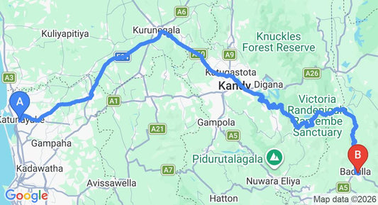 Driving route map: Colombo Airport (CMB) to River Side Holiday Inn, Badulla (228 km, approx 5 h 46 min private transfer)