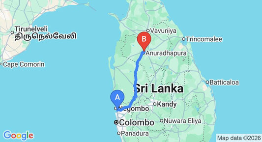 Driving route map: Colombo Airport (CMB) to Hotel Randiya, Anuradhapura (176 km, approx 3 h 49 min private transfer)