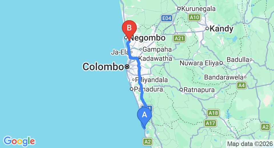 Driving route map: Kosgoda to Colombo Airport (CMB) (116 km, approx 1 h 49 min private transfer)