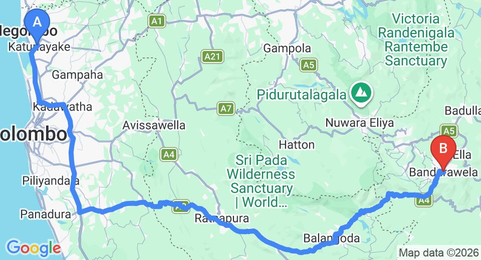 Driving route map: Colombo Airport (CMB) to Vernon Guest House, Bandarawela (220 km, approx 5 h 23 min private transfer)