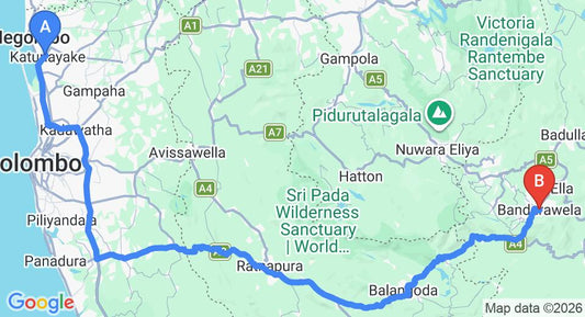 Driving route map: Colombo Airport (CMB) to Vernon Guest House, Bandarawela (220 km, approx 5 h 23 min private transfer)