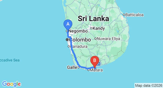 Driving route map: Colombo Airport (CMB) to Esperanza Beach Villa & Spa, Tangalle (215 km, approx 2 h 57 min private transfer)