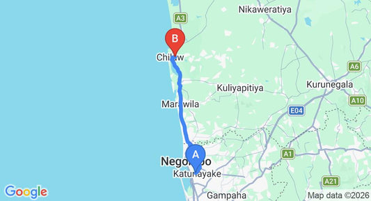 Driving route map: Colombo Airport (CMB) to Red Banana, Chilaw (54 km, approx 1 h 32 min private transfer)