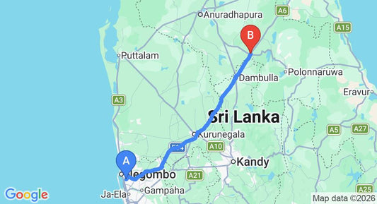 Driving route map: Colombo Airport (CMB) to Heritage Habarana, Habarana (151 km, approx 3 h 14 min private transfer)