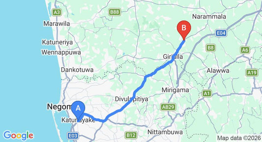Driving route map: Colombo Airport (CMB) to Dambadeniya (43 km, approx 1 h 13 min private transfer)