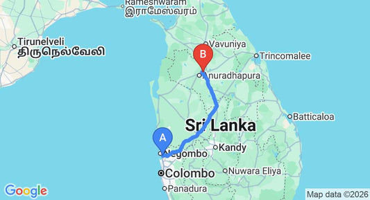 Driving route map: Colombo Airport (CMB) to The Grand Leisure Village, Anuradhapura (191 km, approx 3 h 56 min private transfer)