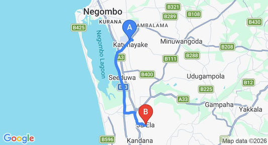 Driving route map: Colombo Airport (CMB) to Villa Palma, Ja Ela (16 km, approx 24 min private transfer)
