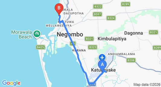 Driving route map: Colombo Airport (CMB) to Star Beach Hotel Negombo, Negombo (12 km, approx 29 min private transfer)