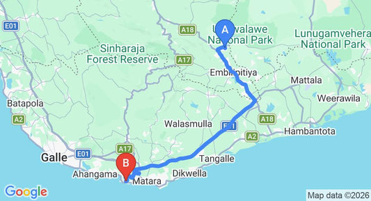 Driving route map: Udawalawe to Mirissa (100 km, approx 1 h 52 min private transfer)