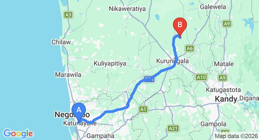 Driving route map: Colombo Airport (CMB) to Dolukanda (93 km, approx 2 h 5 min private transfer)