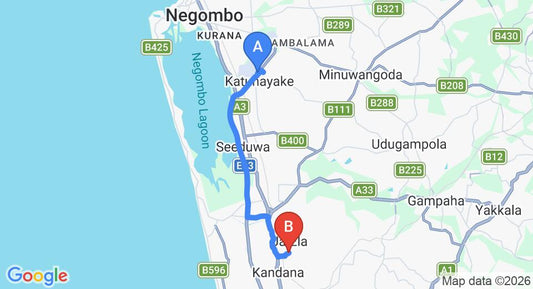 Driving route map: Colombo Airport (CMB) to The Arana, Ja Ela (17 km, approx 26 min private transfer)