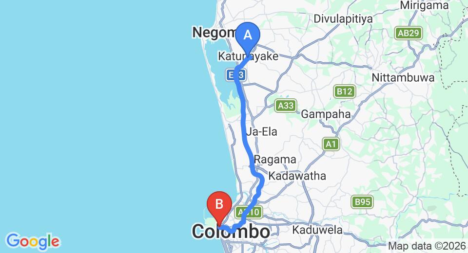 Driving route map: Colombo Airport (CMB) to Hilton Colombo, Colombo (34 km, approx 44 min private transfer)