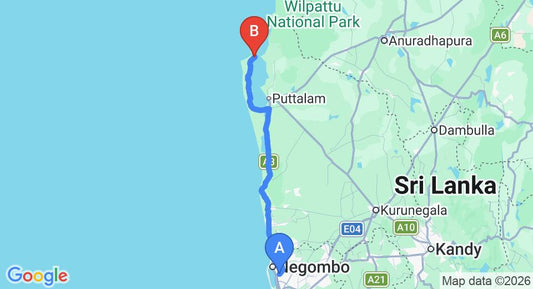 Driving route map: Colombo Airport (CMB) to Kalpitiya St. Anne's Lagoon House, Kalpitiya (140 km, approx 3 h 17 min private transfer)