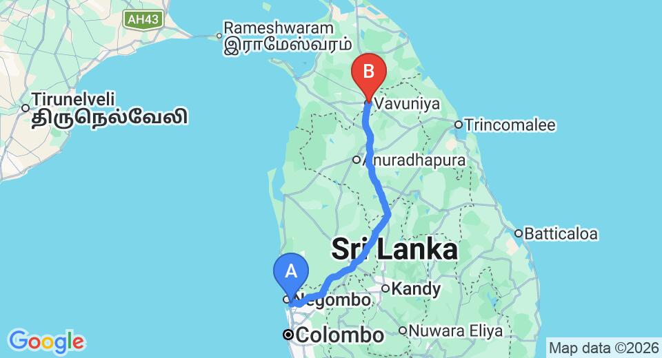 Driving route map: Colombo Airport (CMB) to Nelly Star Hotel, Vavuniya (234 km, approx 4 h 45 min private transfer)
